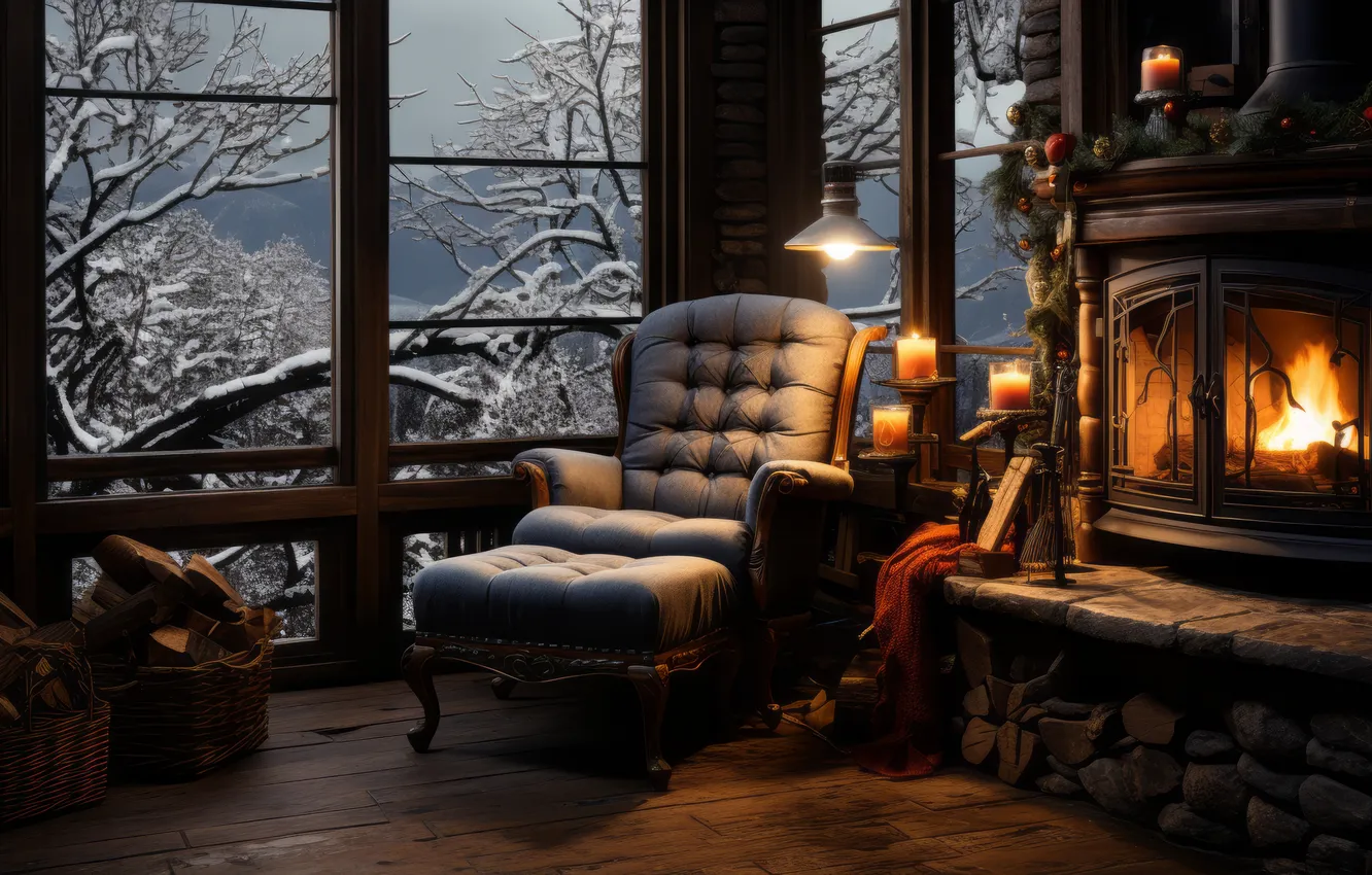 Photo wallpaper room, tree, new year, interior, chair, Christmas, fireplace, Christmas