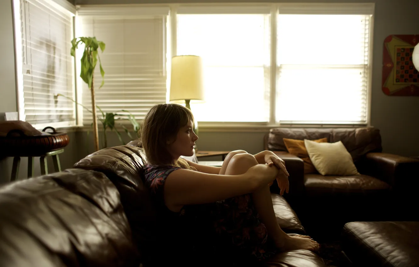 Photo wallpaper girl, woman, model, mood, leather, bokeh, room, sofa