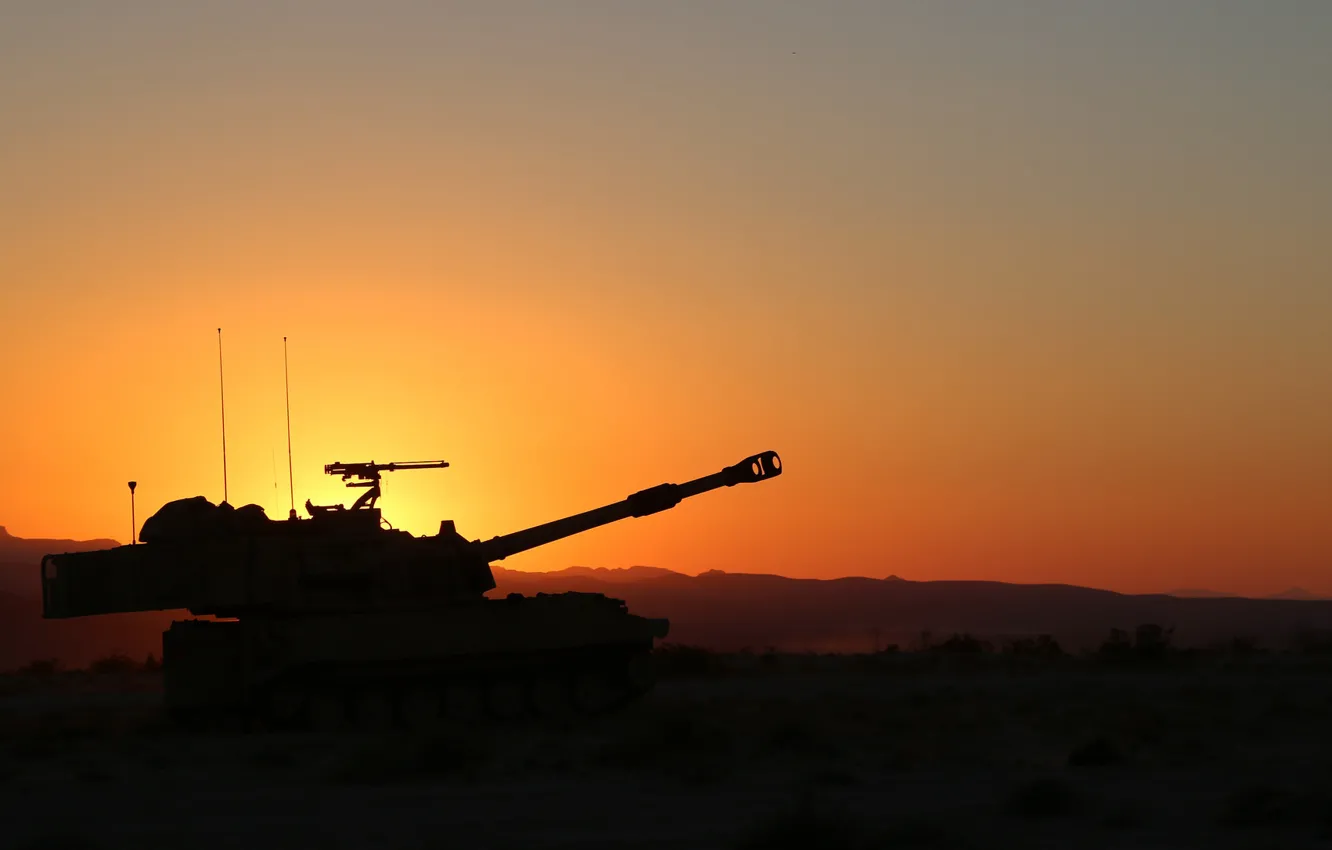 Photo wallpaper sunset, self-propelled, howitzer, &ampquot;Paladin&ampquot;, M109A6