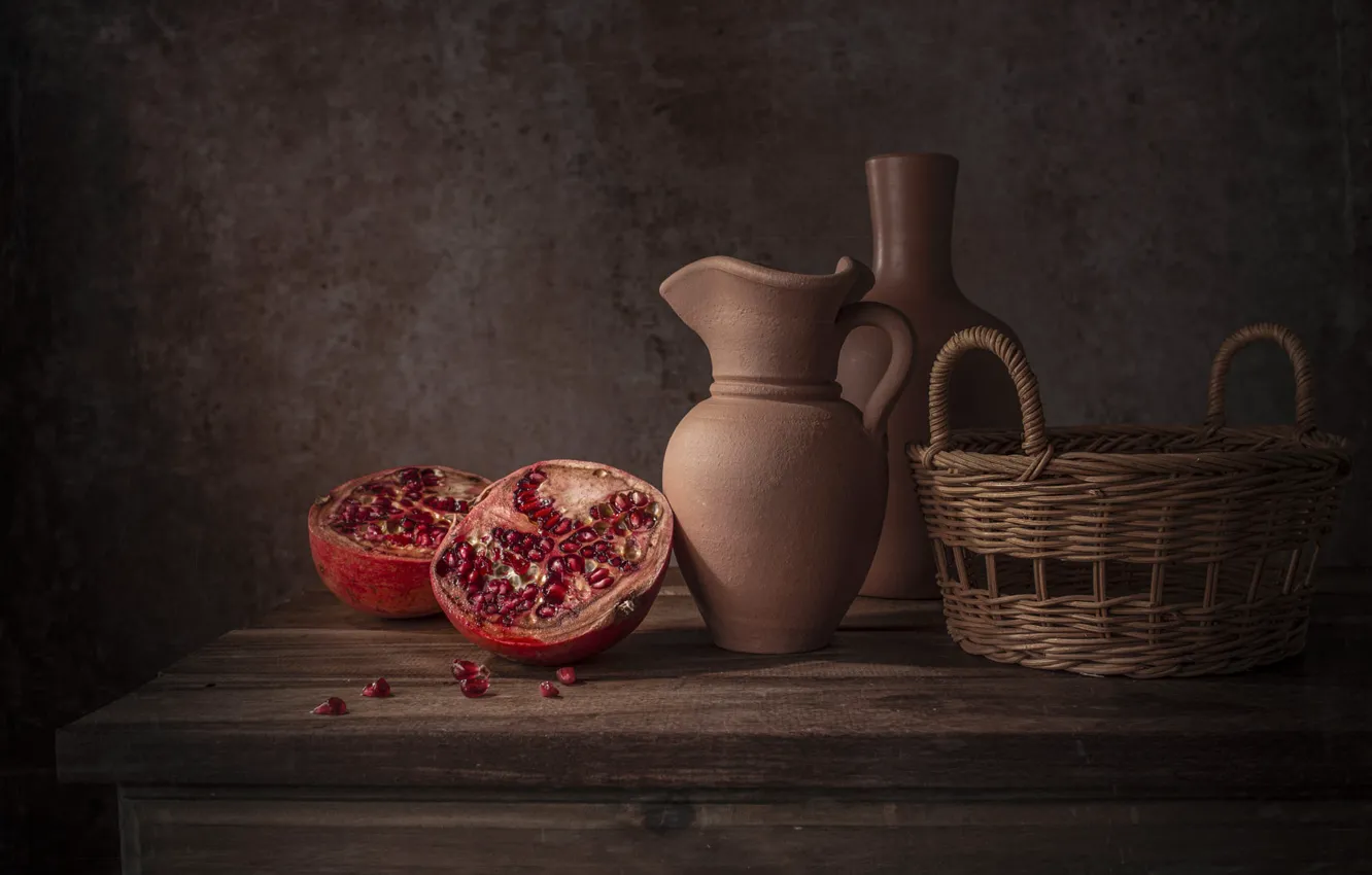 Photo wallpaper table, vase, pitcher, still life, basket, garnet, vessel, ceramics