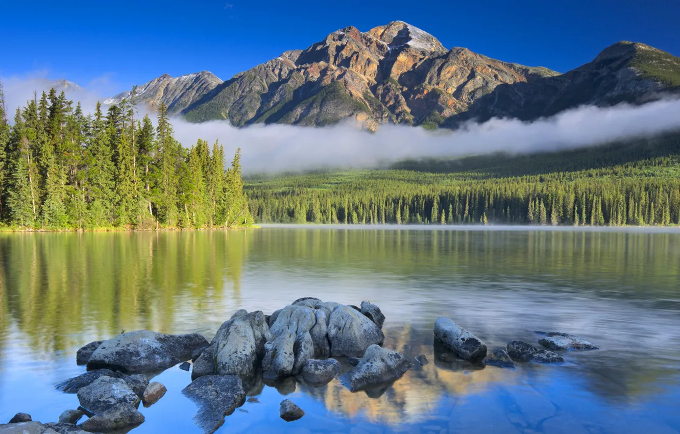 Photo wallpaper forest, the sky, clouds, trees, mountains, lake, stones, tops