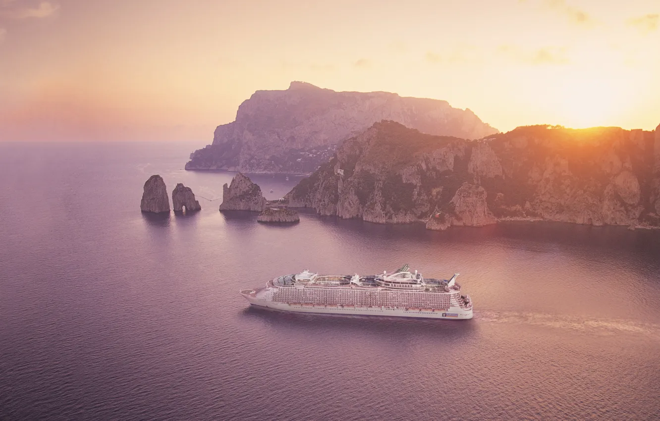 Photo wallpaper Sunset, The ocean, Sea, Rocks, Liner, The ship, Oasis of the Seas, Passenger liner