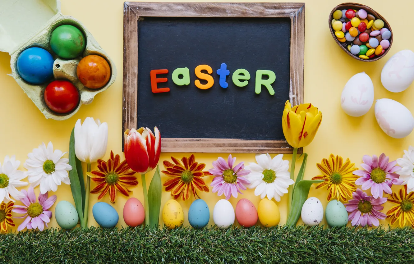 Photo wallpaper Flowers, Tulips, Easter, Eggs, Holiday