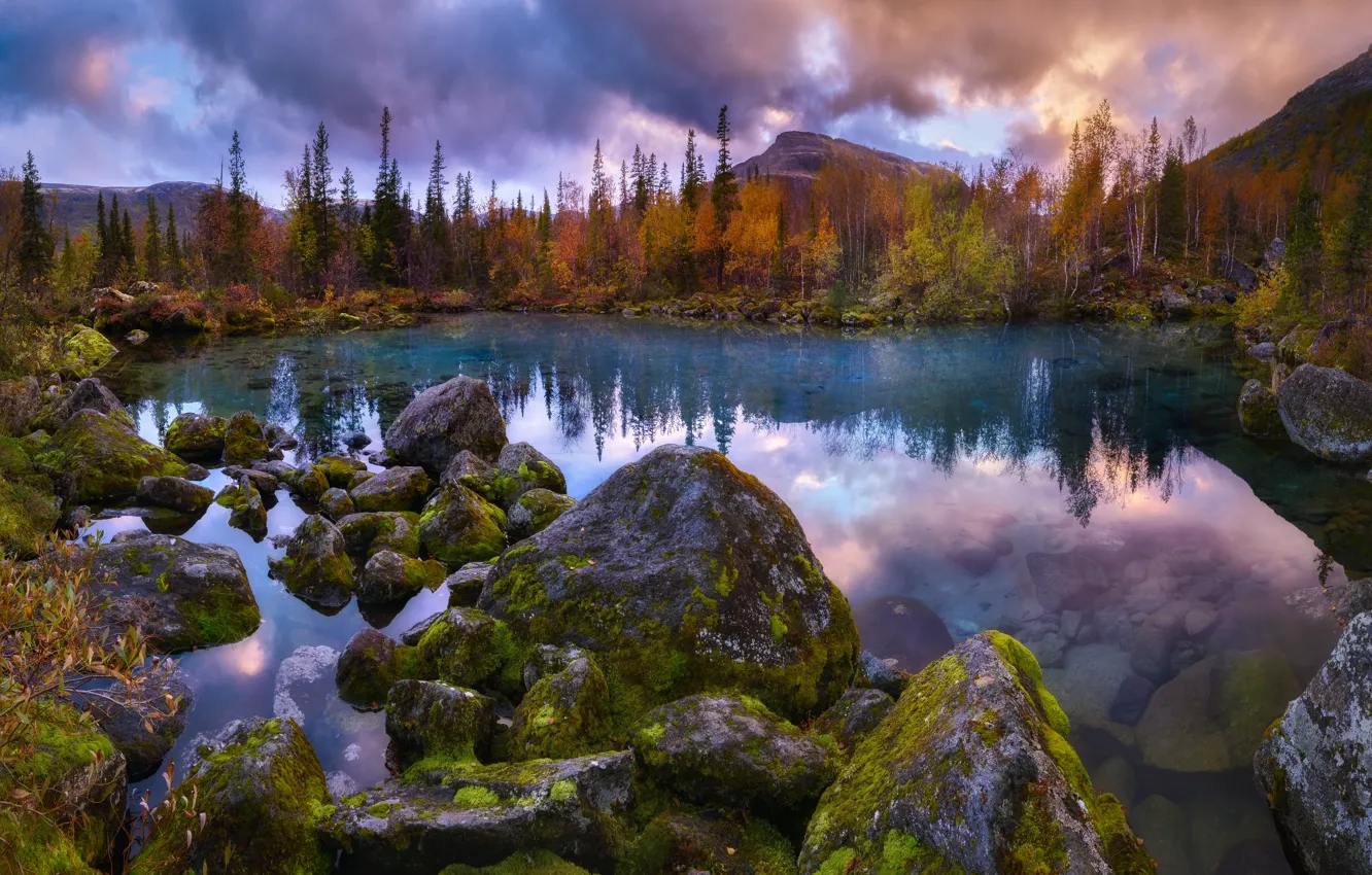 Photo wallpaper trees, landscape, mountains, clouds, nature, lake, stones