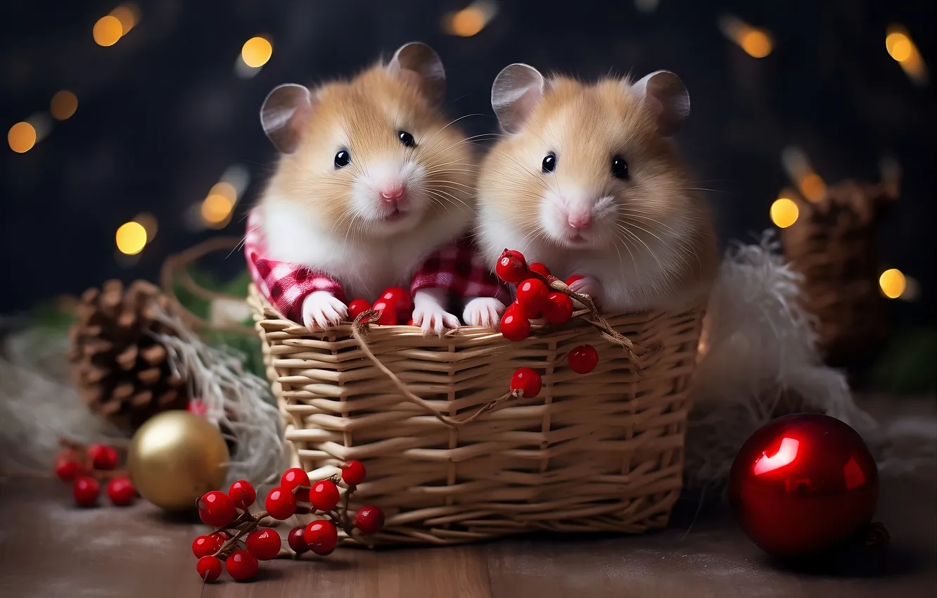 Photo wallpaper new year, hamster, Christmas, face, a couple, basket, rodent, hamster