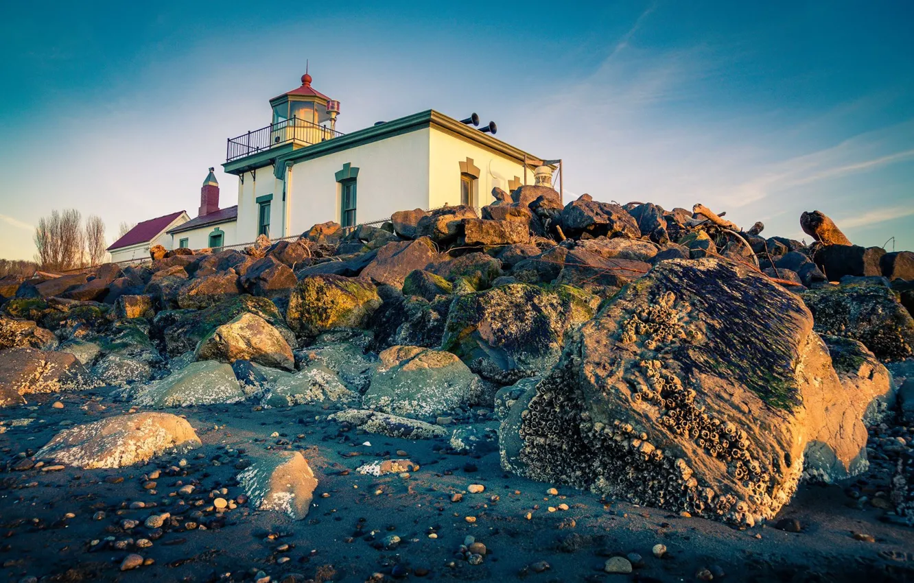 Photo wallpaper landscape, nature, stones, lighthouse, Seattle, USA, Discovery Park