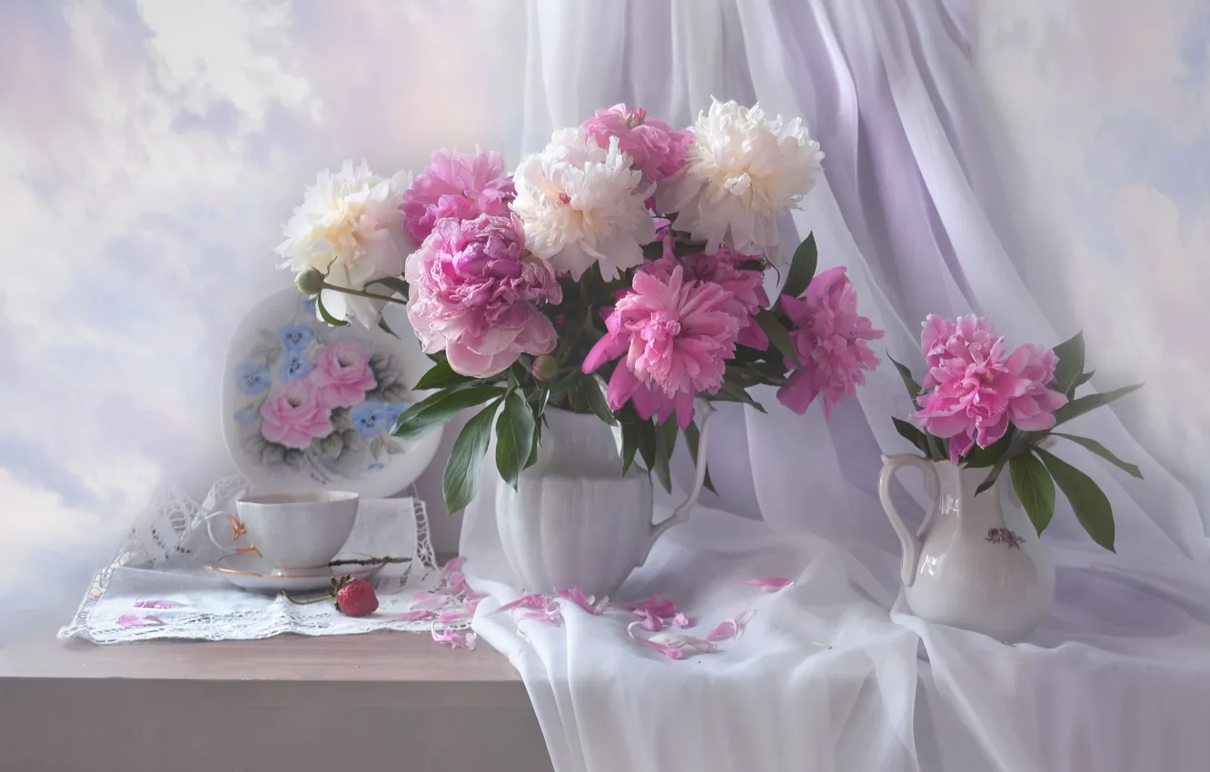 Photo wallpaper flowers, Cup, still life, peonies, fabric, pitchers, drape, Valentina Fencing