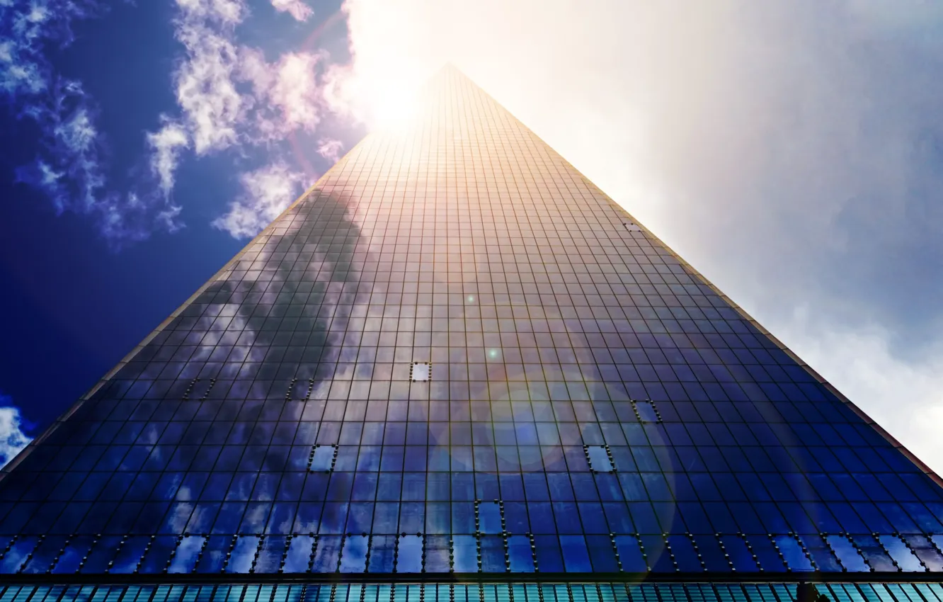 Photo wallpaper The sun, Glass, Rays, Pyramid, The building, City, Sky, Architecture
