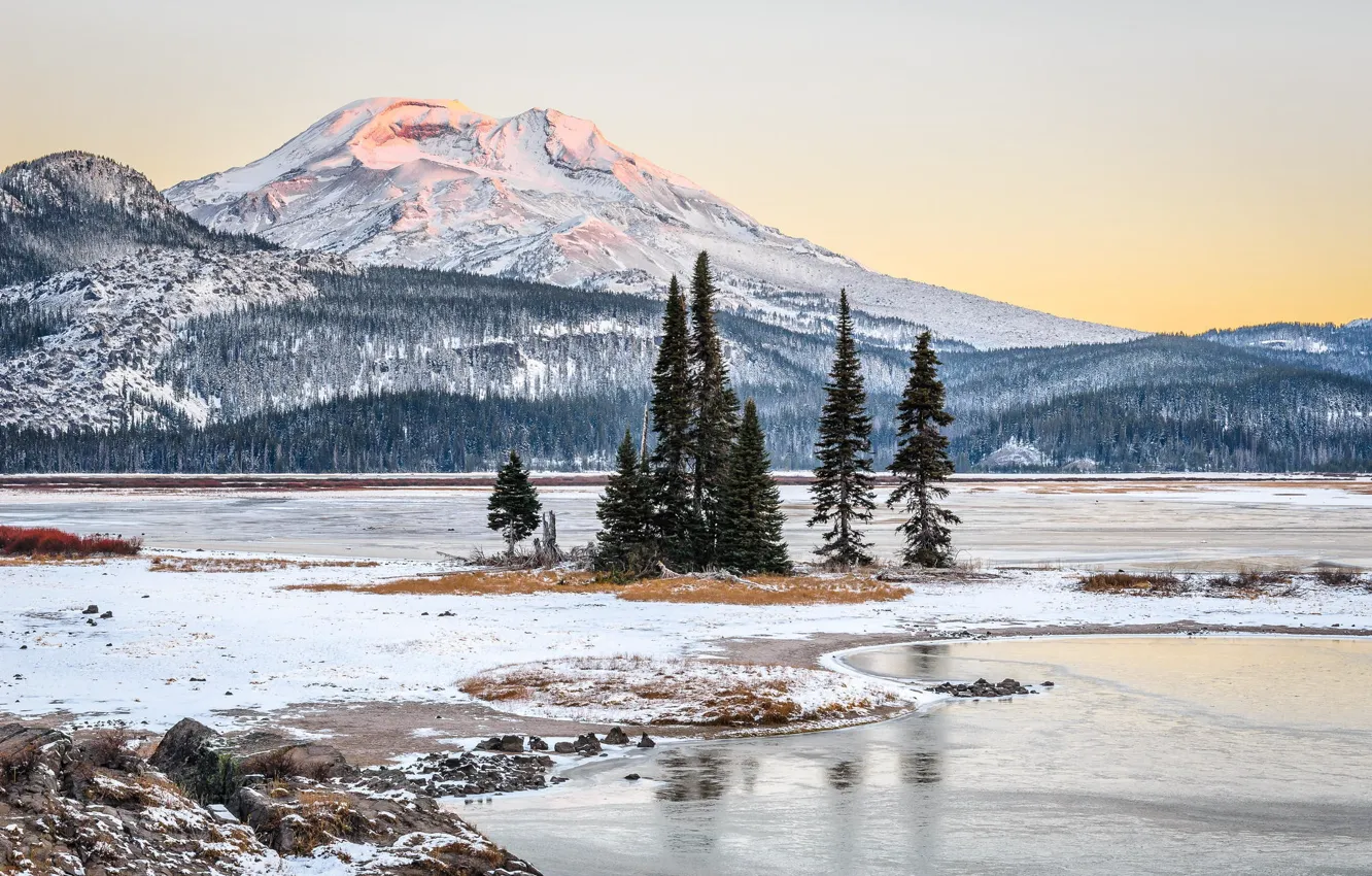 Photo wallpaper winter, snow, trees, mountains, nature, river, USA