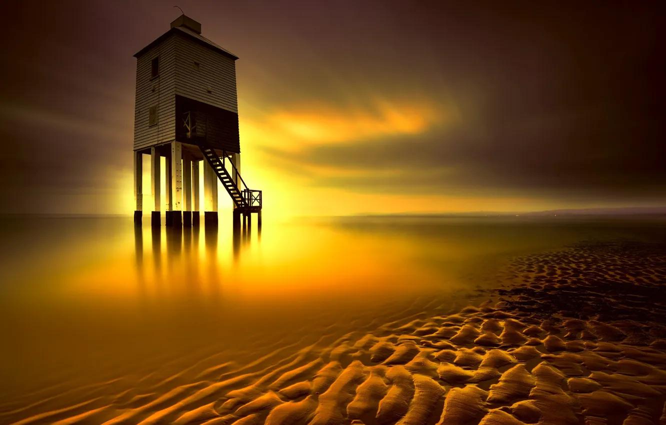 Photo wallpaper sea, lighthouse, England, tide, glow