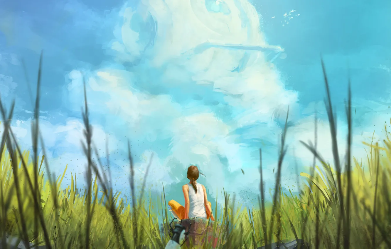 Photo wallpaper summer, the sky, grass, girl, clouds, art, sitting