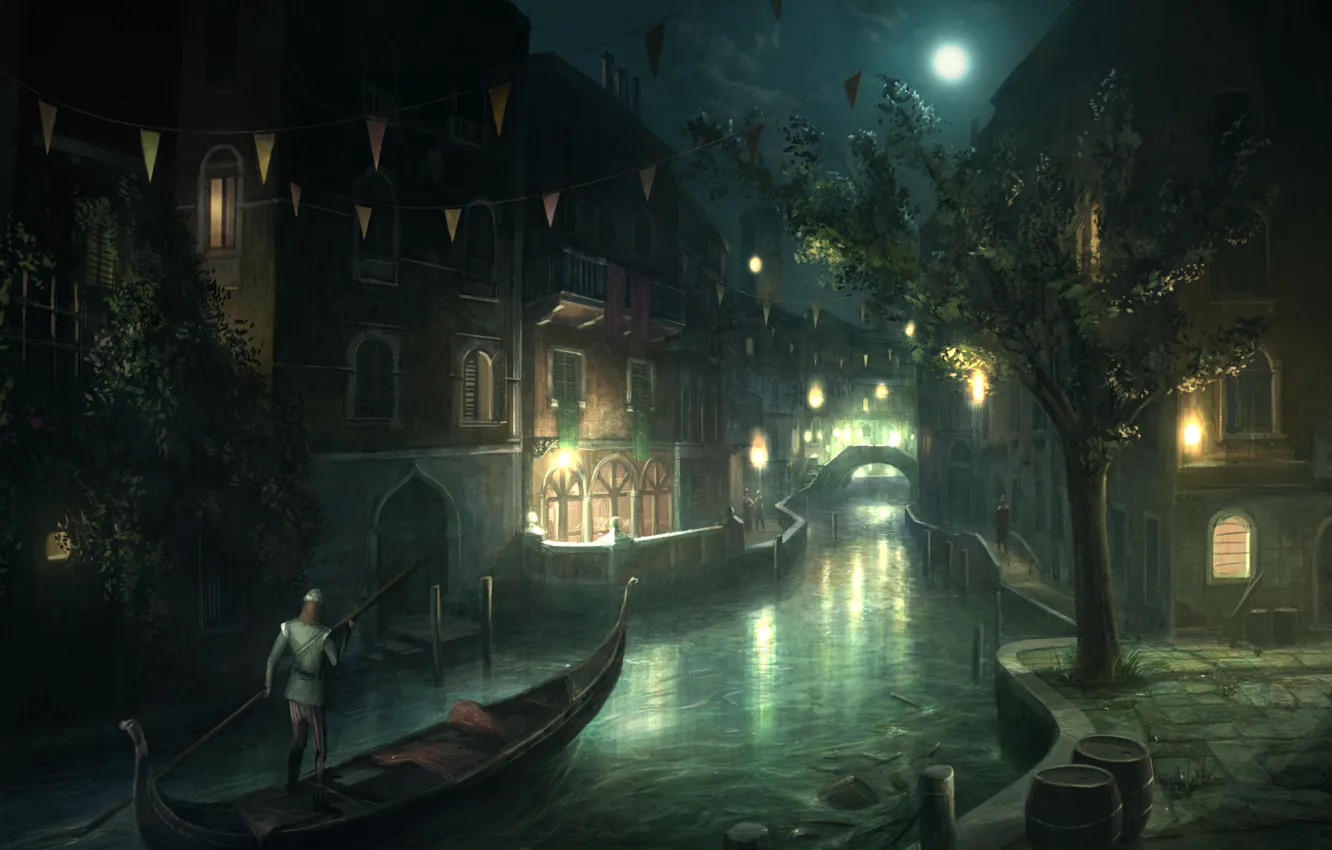 Photo wallpaper night, the city, the moon, boat, Venice, Assassin's Creed 2