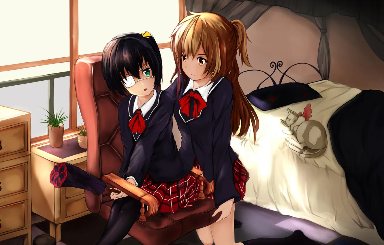 Photo wallpaper cat, girl, room, bed, chair, headband, form, to rik takanashi