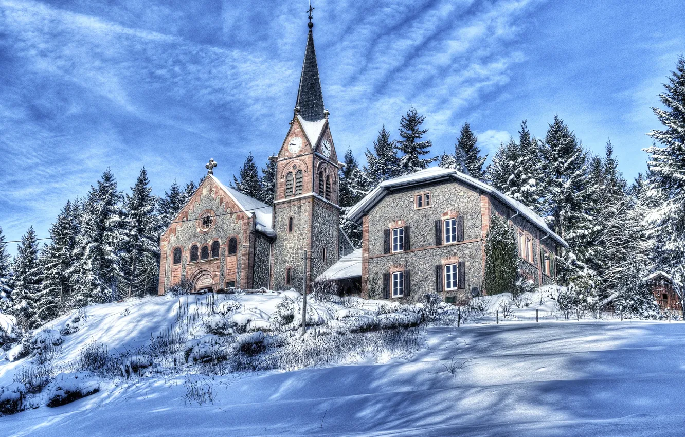 Photo wallpaper winter, snow, trees, mountains, house, France, slope, Church