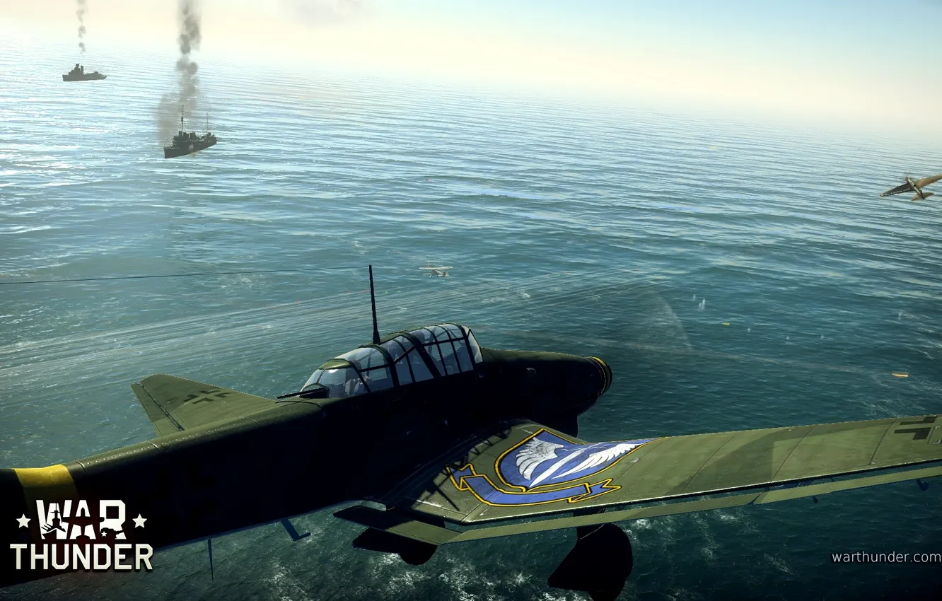 Photo wallpaper sea, the sky, ship, the plane, War Thunder, Gaijin Entertainment, Junkers Ju-87 German, dive bombardirovshik