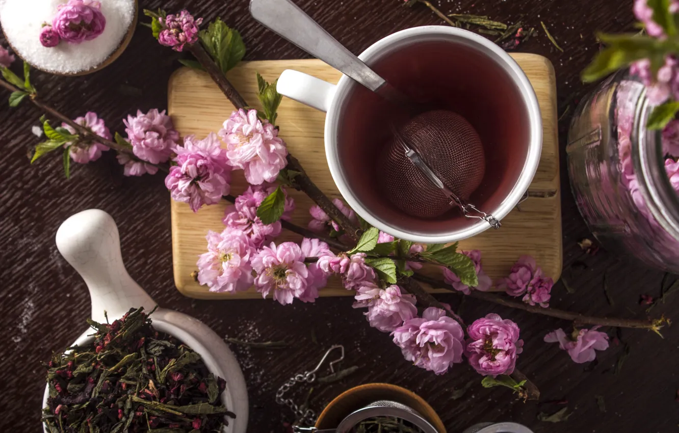 Photo wallpaper tea, Sakura, Cup
