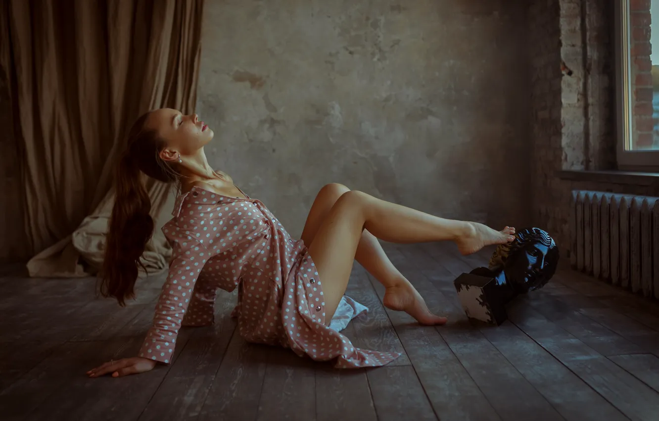 Photo wallpaper girl, pose, Board, legs, long hair, on the floor, closed eyes, Denis Kotov
