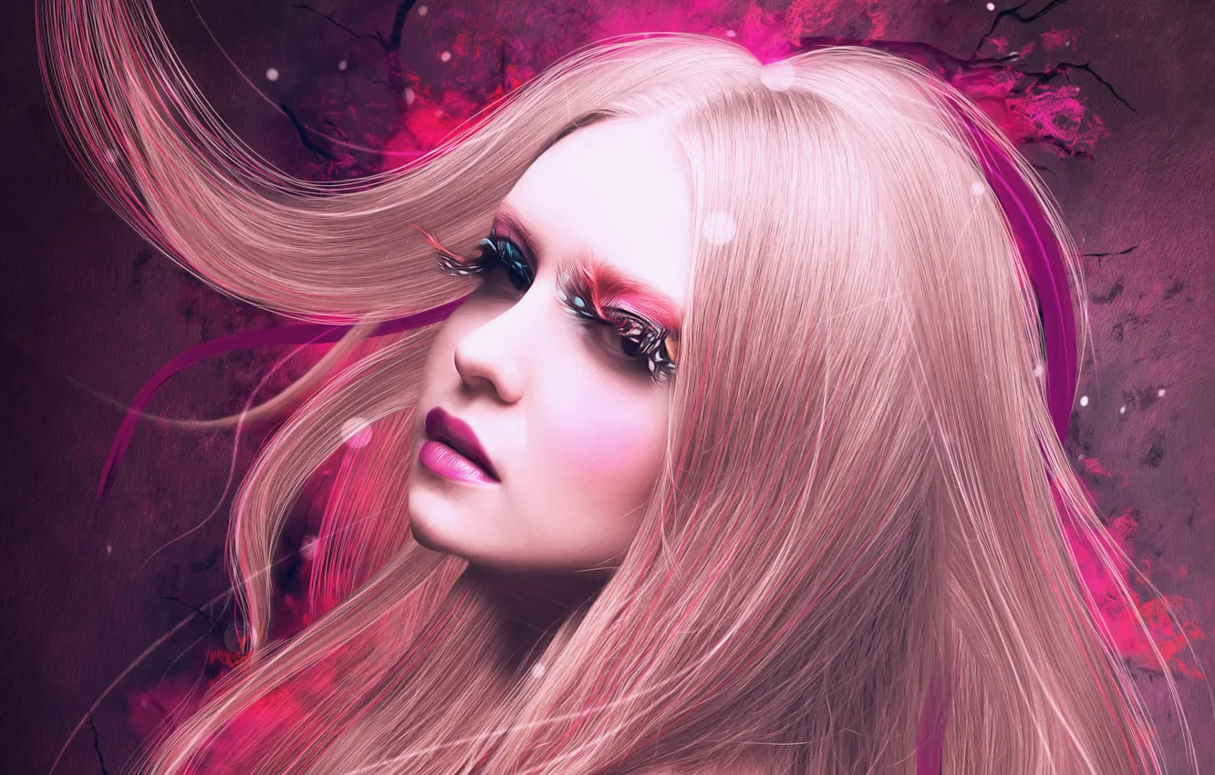 Photo wallpaper look, girl, eyelashes, background, wall, hair, makeup, art