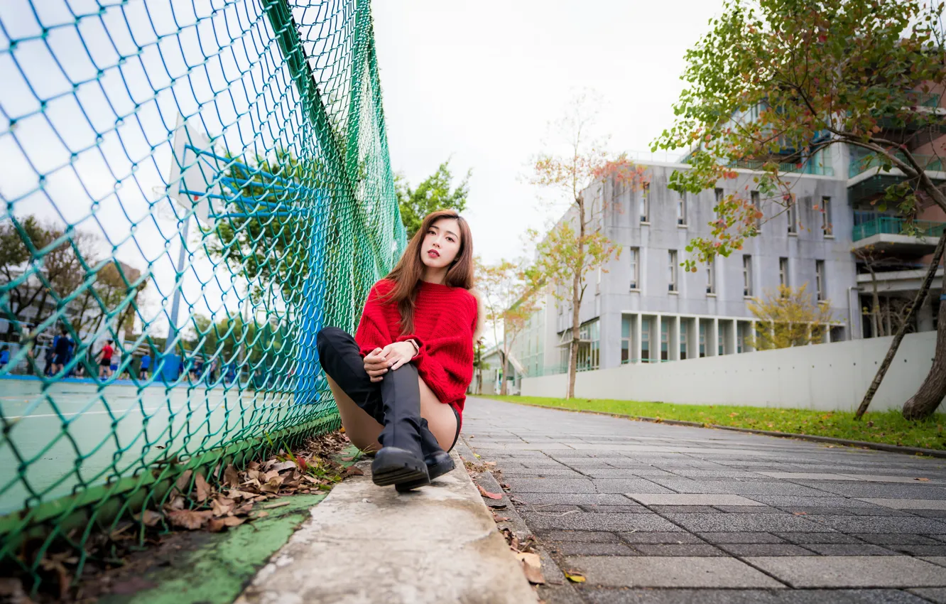 Photo wallpaper girl, fence, Asian, sitting