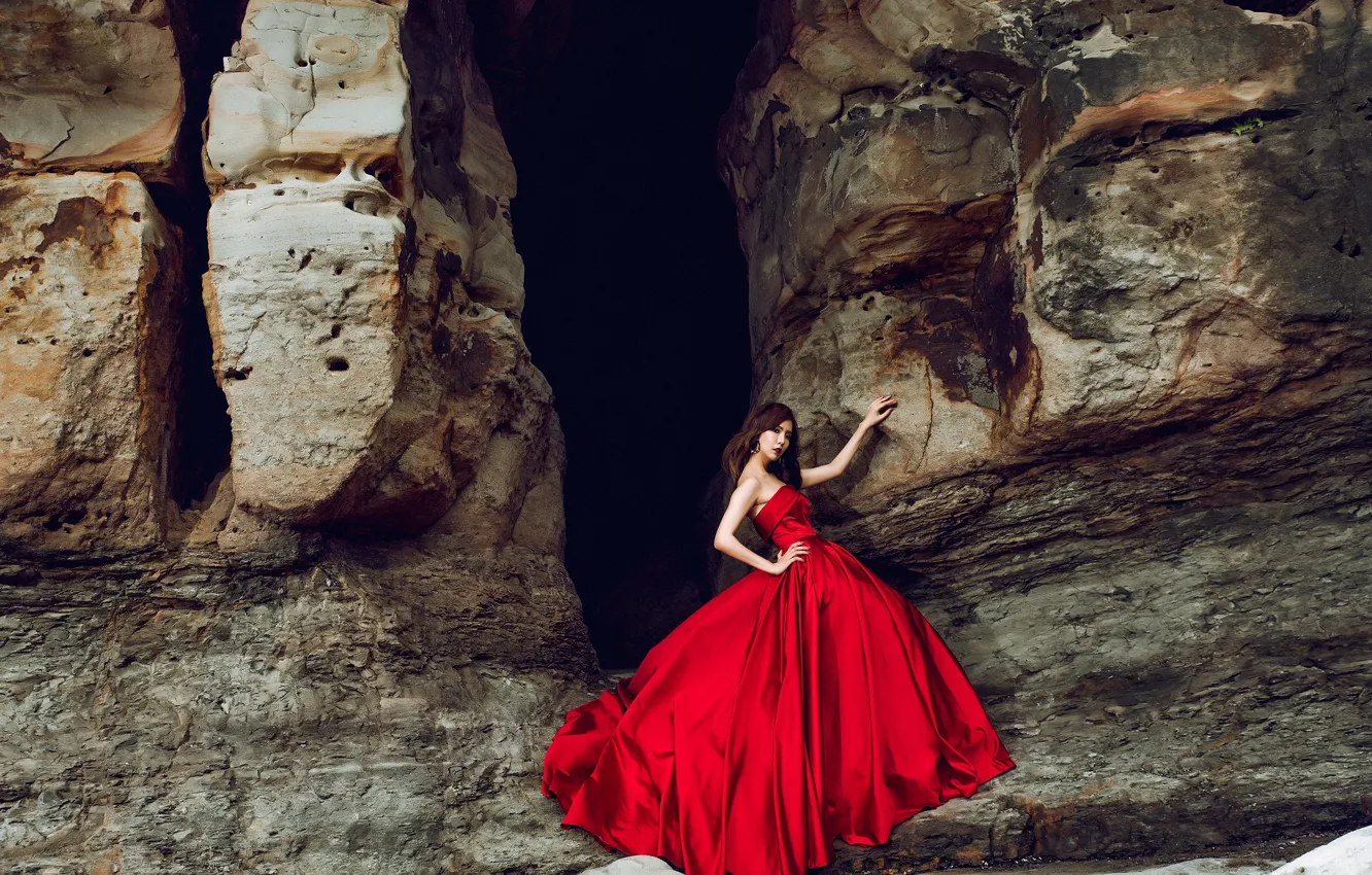 Photo wallpaper look, girl, pose, stones, mood, rocks, hands, Asian