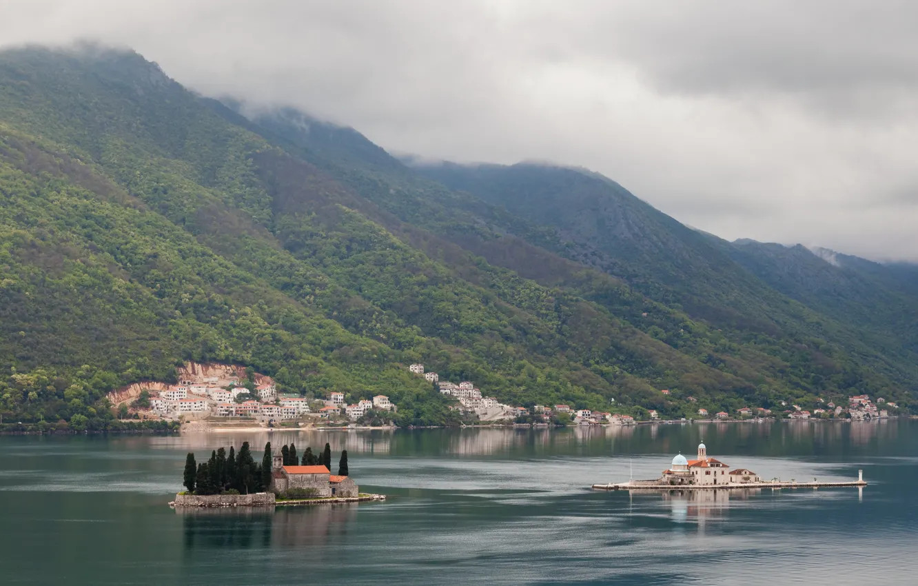 Photo wallpaper mountains, Church, sea, the monastery, Boca Smaller Broad, Perast, fjord, island