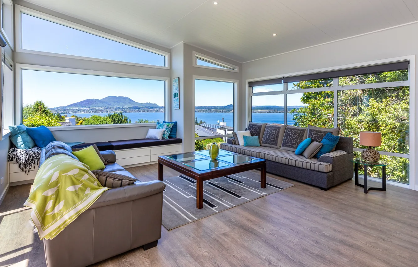Photo wallpaper room, interior, New Zealand, living room, lake view, House in Taupo