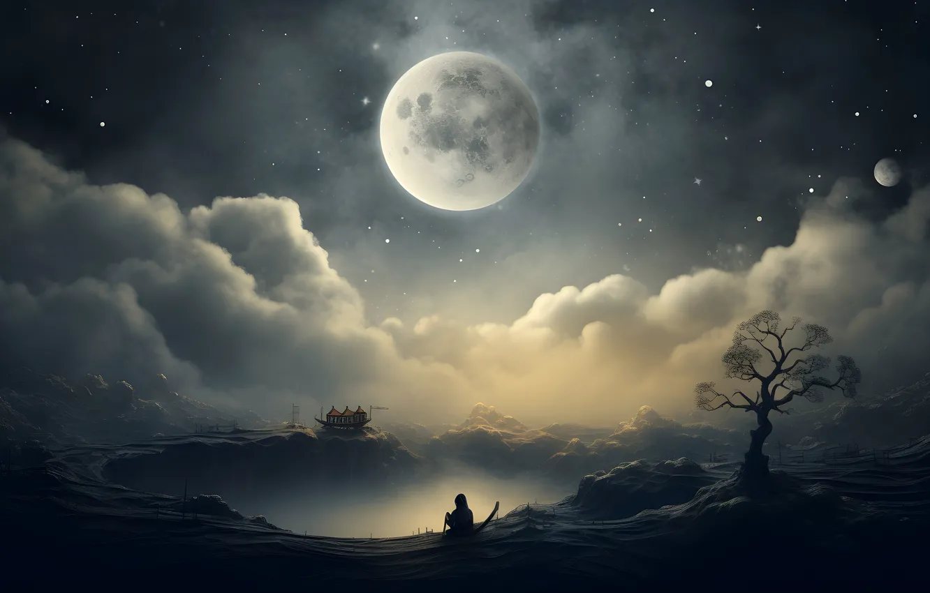 Photo wallpaper the sky, clouds, night, fog, open, the moon, people, abyss