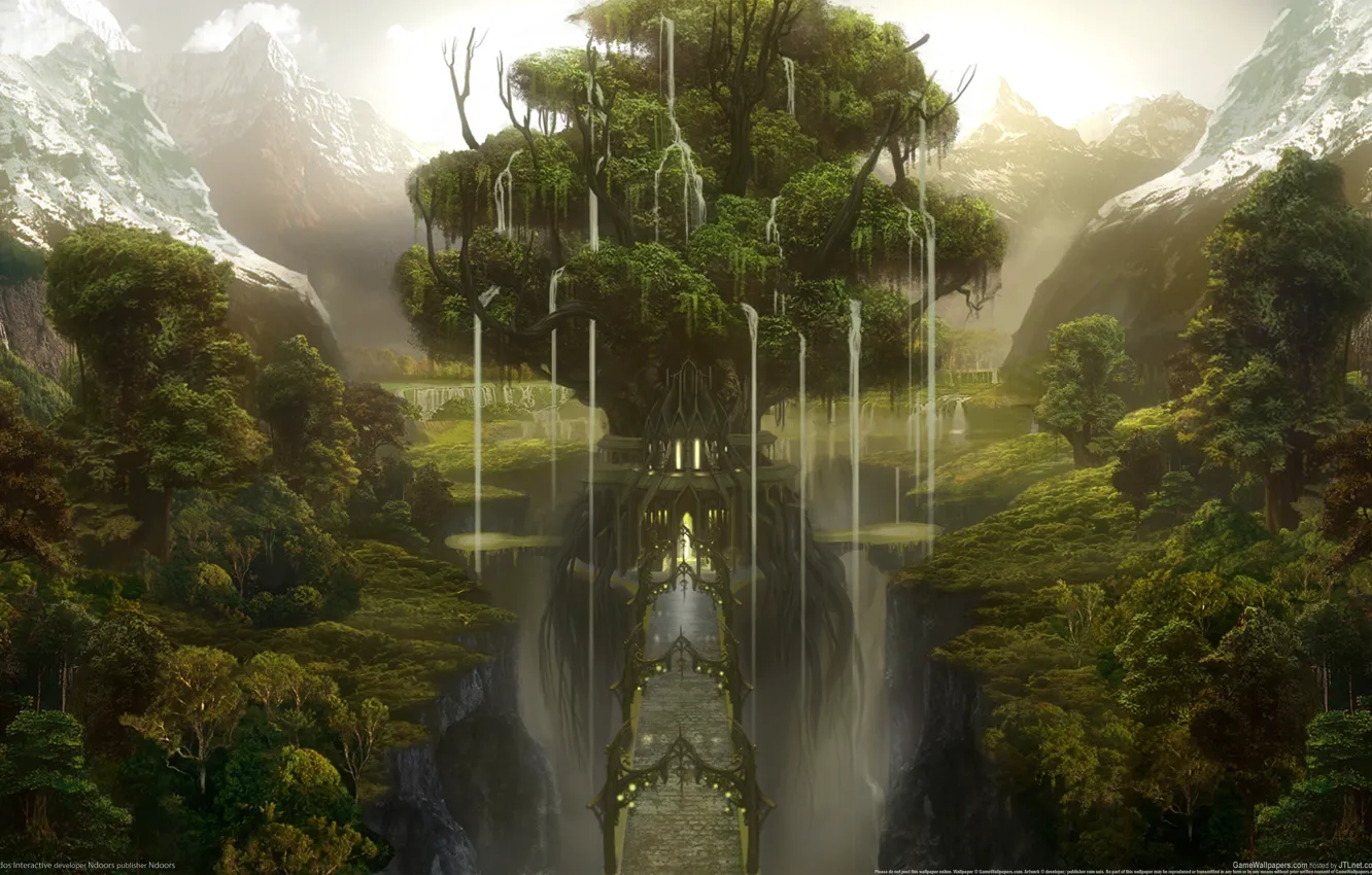 Photo wallpaper forest, trees, mountains, bridge, castle, gorge