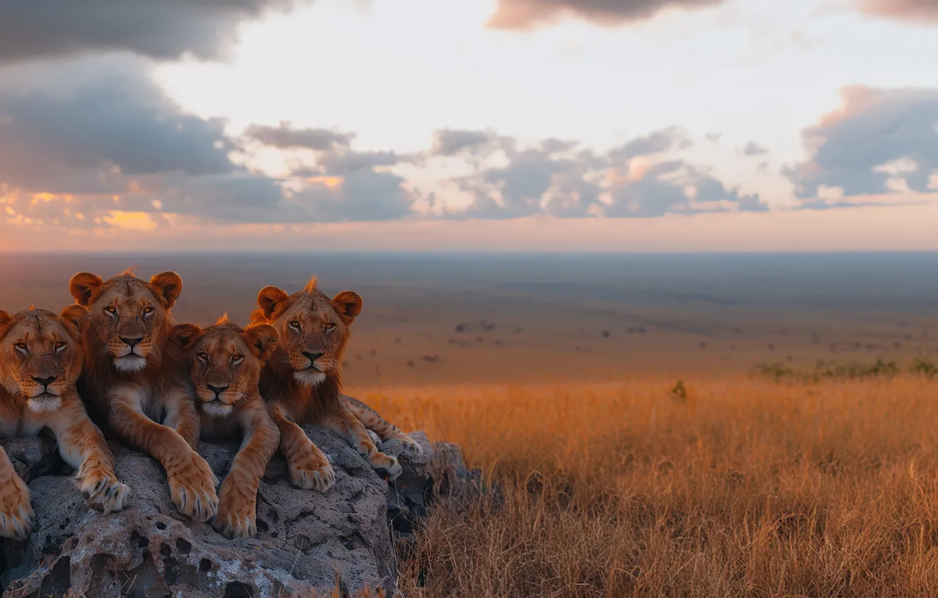 Photo wallpaper clouds, stones, dawn, predator, Leo, four, Savannah, big cats