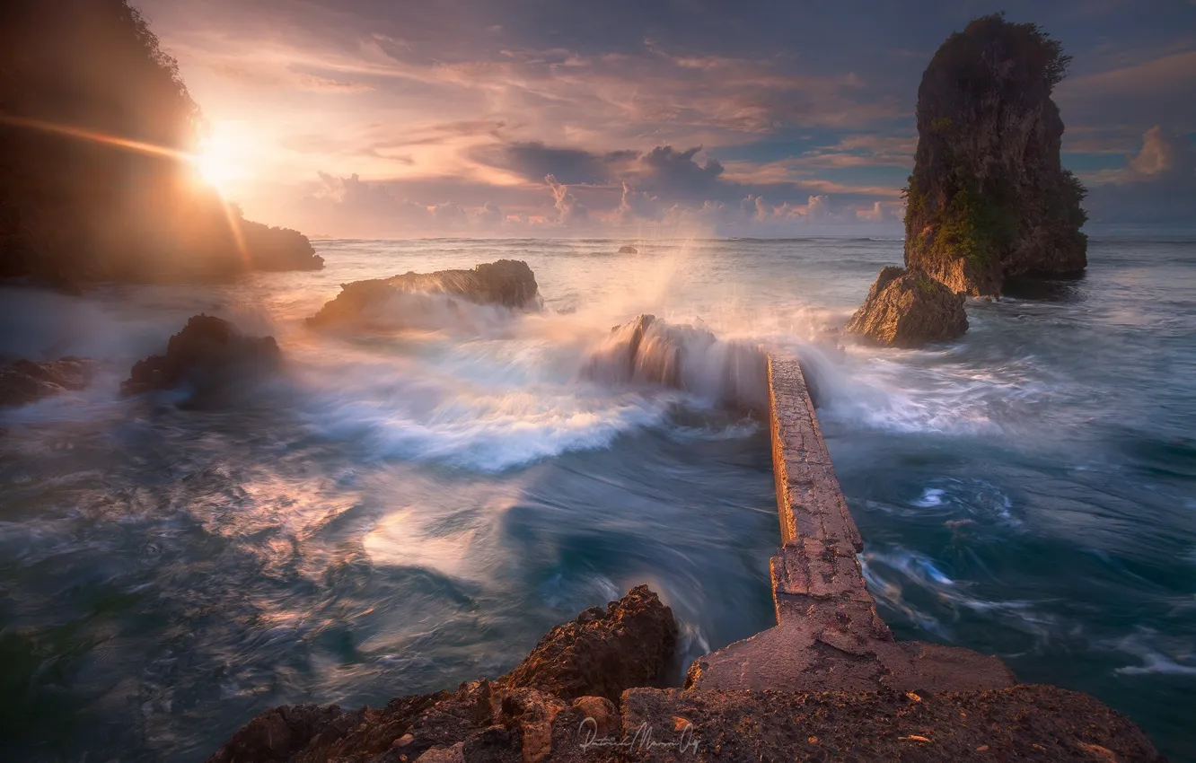 Photo wallpaper sea, wave, the sun, light, sclale