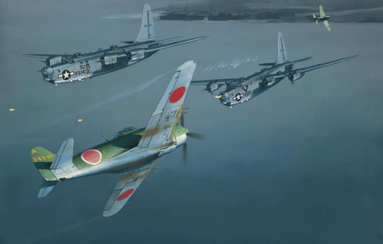 Photo wallpaper war, art, painting, aviation, b 24 liberator, n1k2 shidian I guess, combat ww2