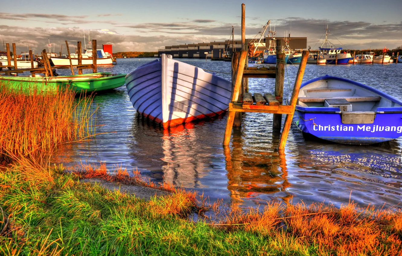 Photo wallpaper the sky, grass, water, clouds, shore, boat, home, pier