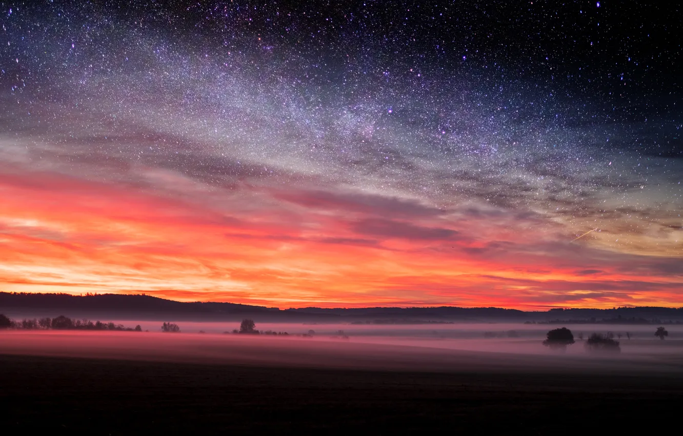 Photo wallpaper field, stars, clouds, trees, landscape, nature, fog, dawn