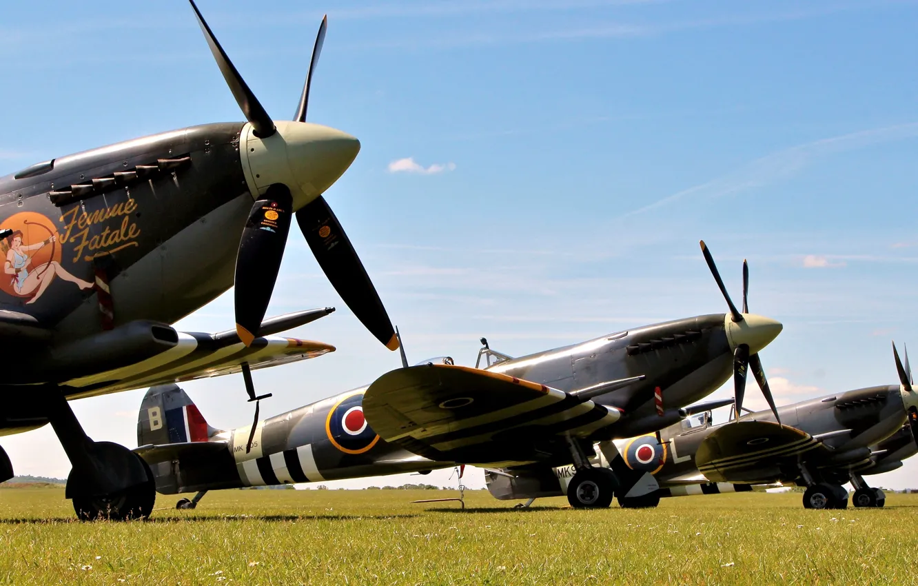 Photo wallpaper field, grass, aircraft, link, WW2, British, Spitfire LF.IXb, fighter
