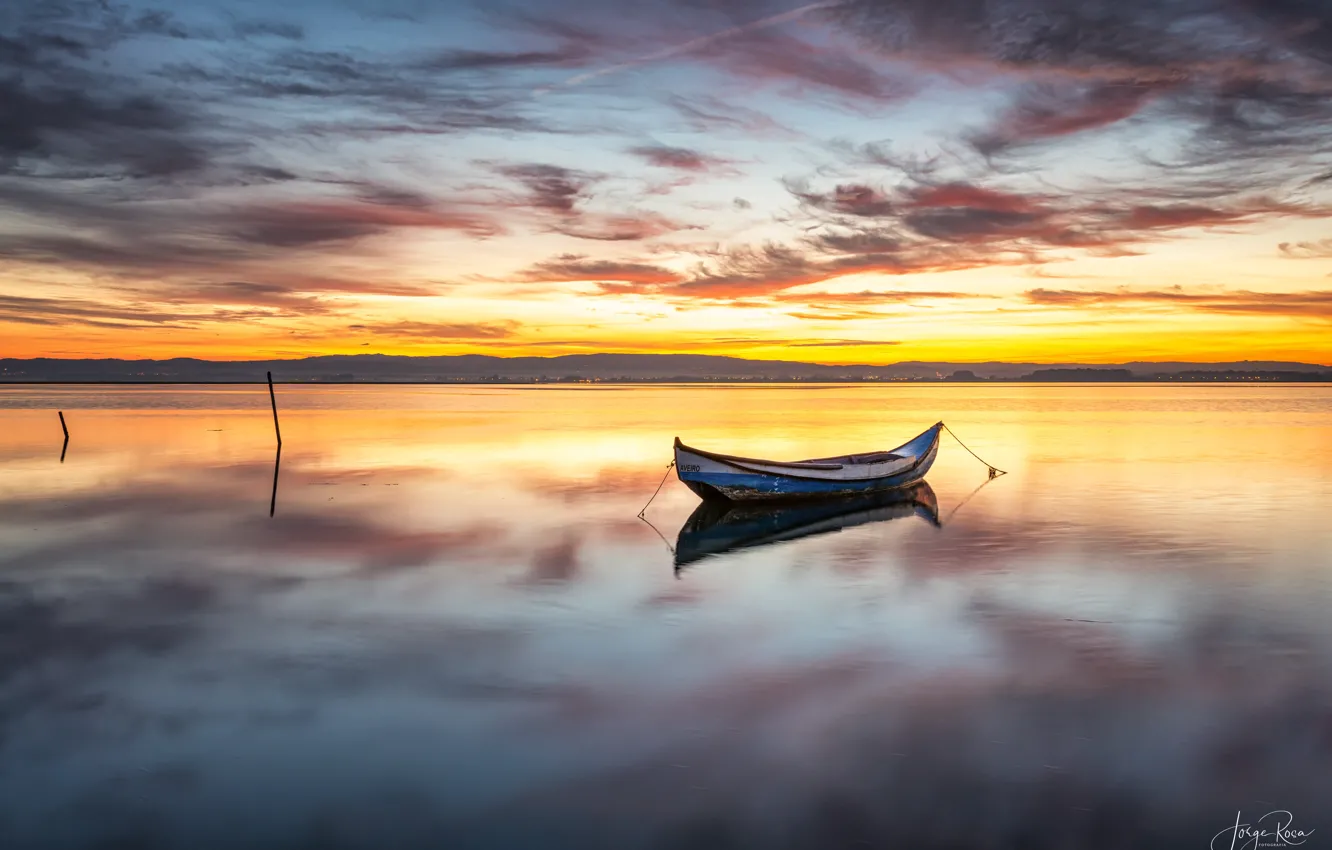 Photo wallpaper the sky, sunset, shore, boat, Bay, Portugal, Torreira