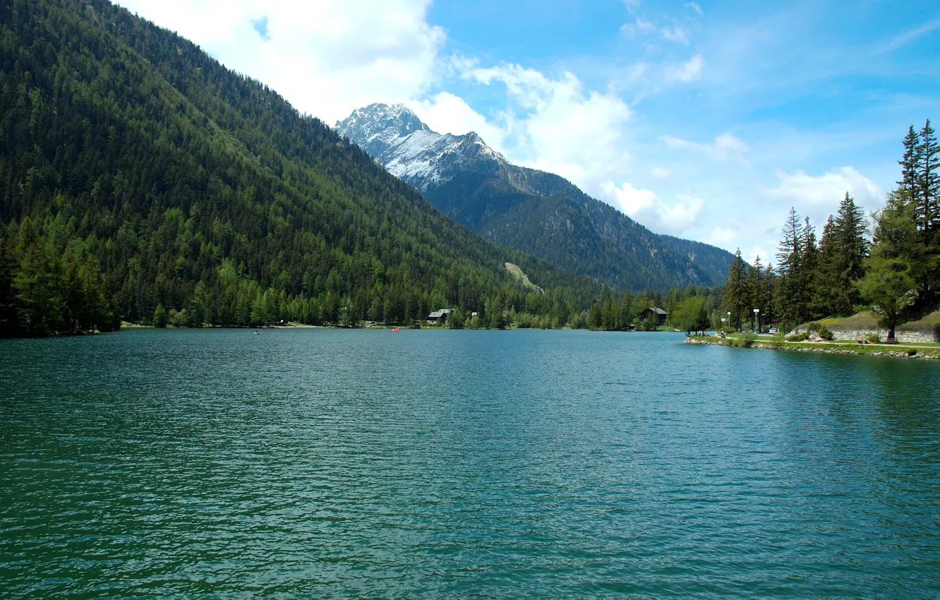 Photo wallpaper forest, the sky, clouds, trees, landscape, mountains, nature, river