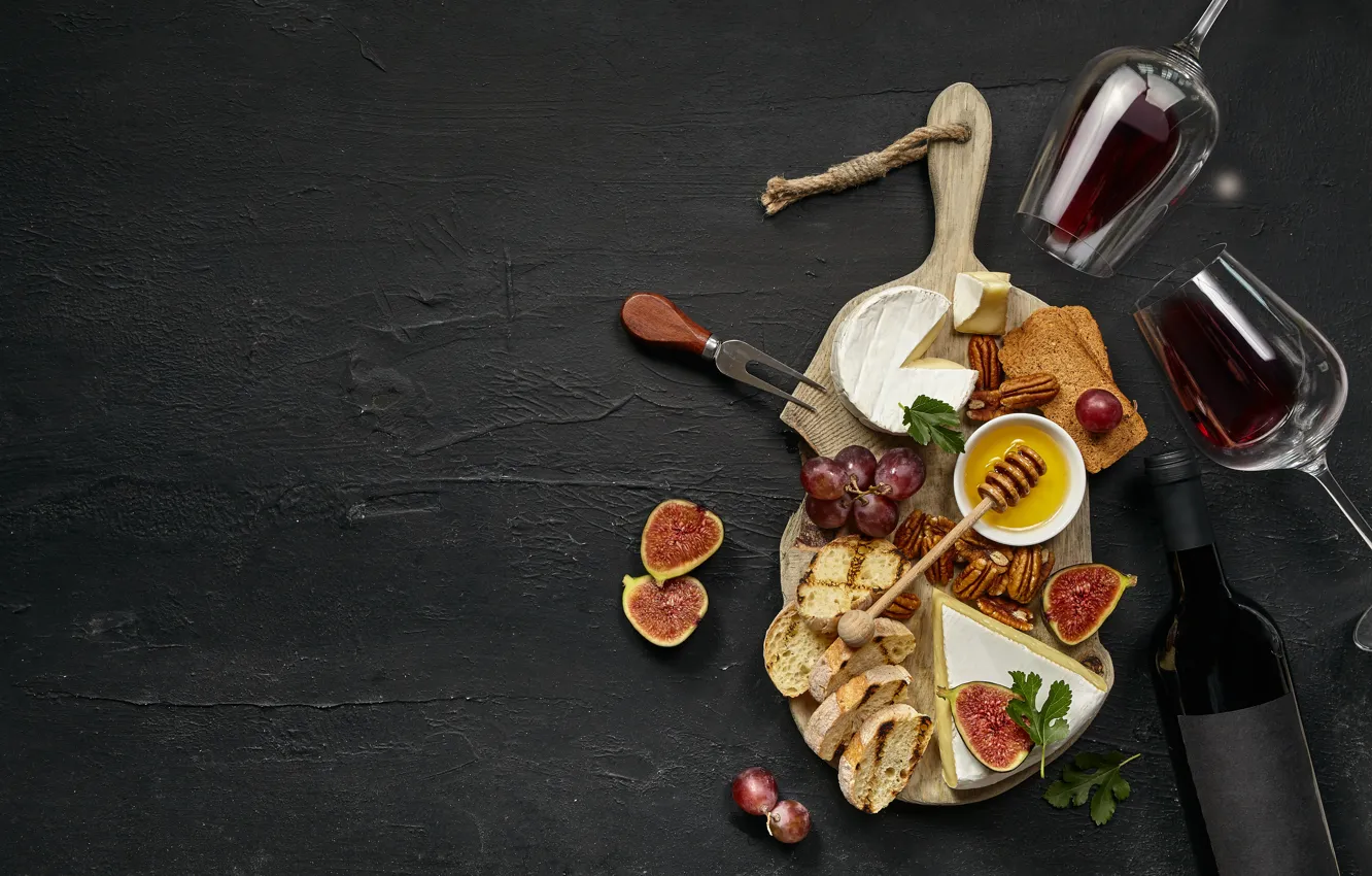 Photo wallpaper the dark background, wine, violin, glass, bottle, food, cheese, honey