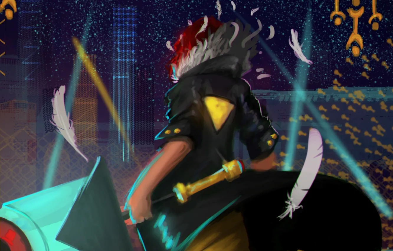 Photo wallpaper girl, the city, sword, feathers, art, red, red hair, Transistor