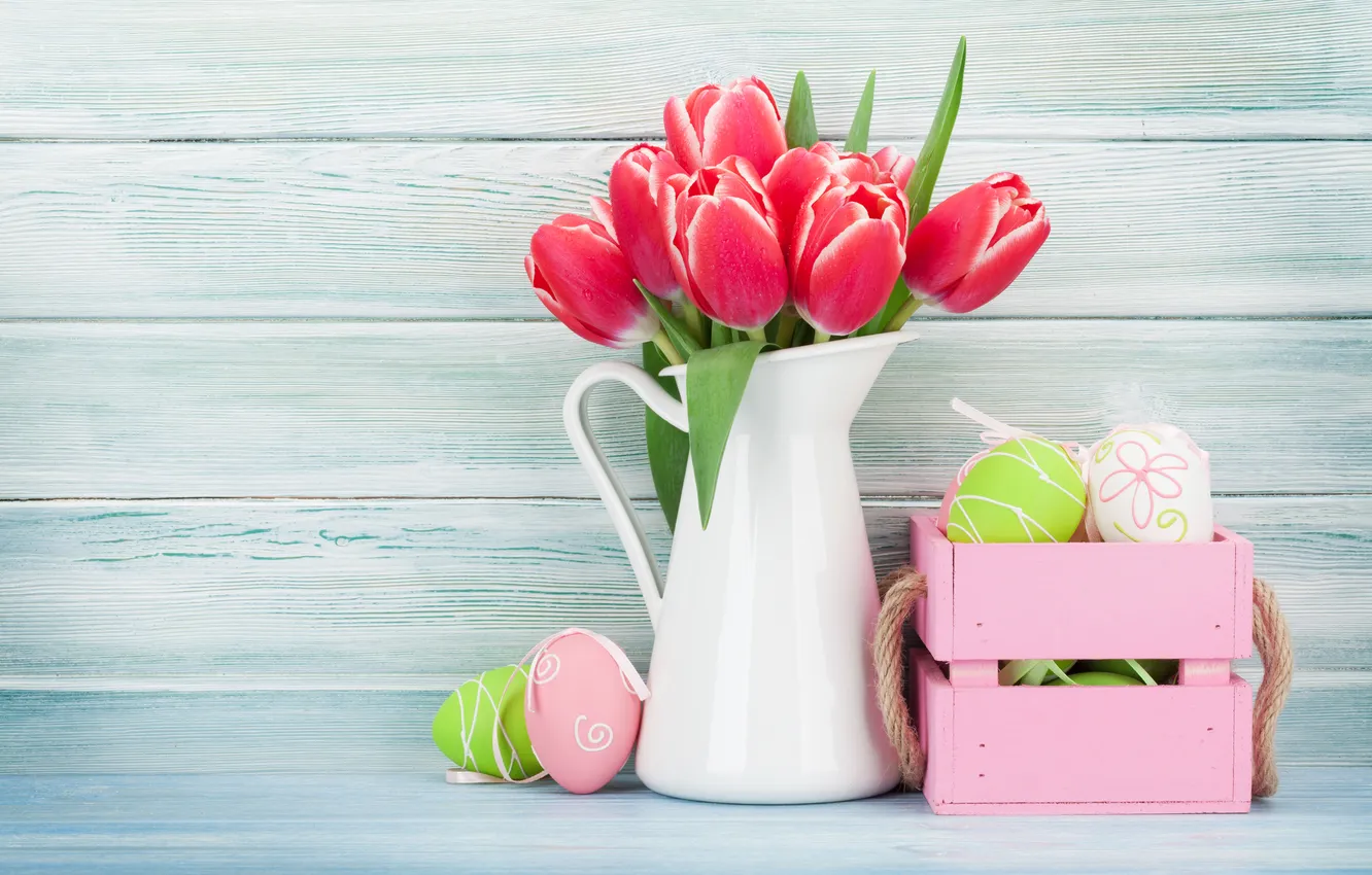 Photo wallpaper flowers, eggs, spring, colorful, Easter, tulips, red, wood