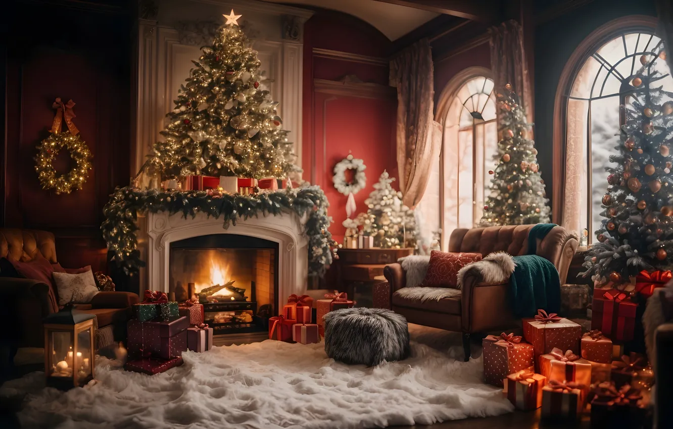 Photo wallpaper decoration, room, gift, balls, tree, new year, interior, Christmas