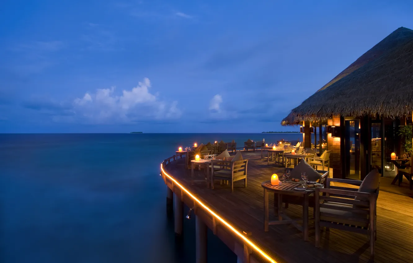 Photo wallpaper the ocean, the evening, pier, restaurant, The Maldives, resort, Bungalow