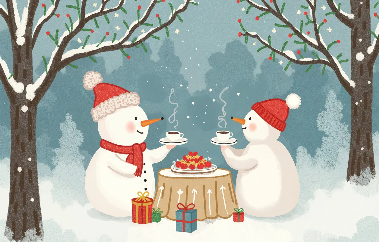 Photo wallpaper winter, snow, trees, branches, gift, tea, glade, new year