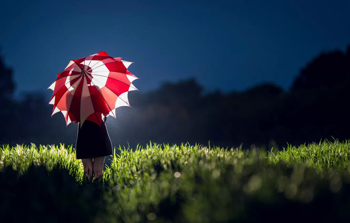 Photo wallpaper field, girl, light, umbrella, dress, silhouette