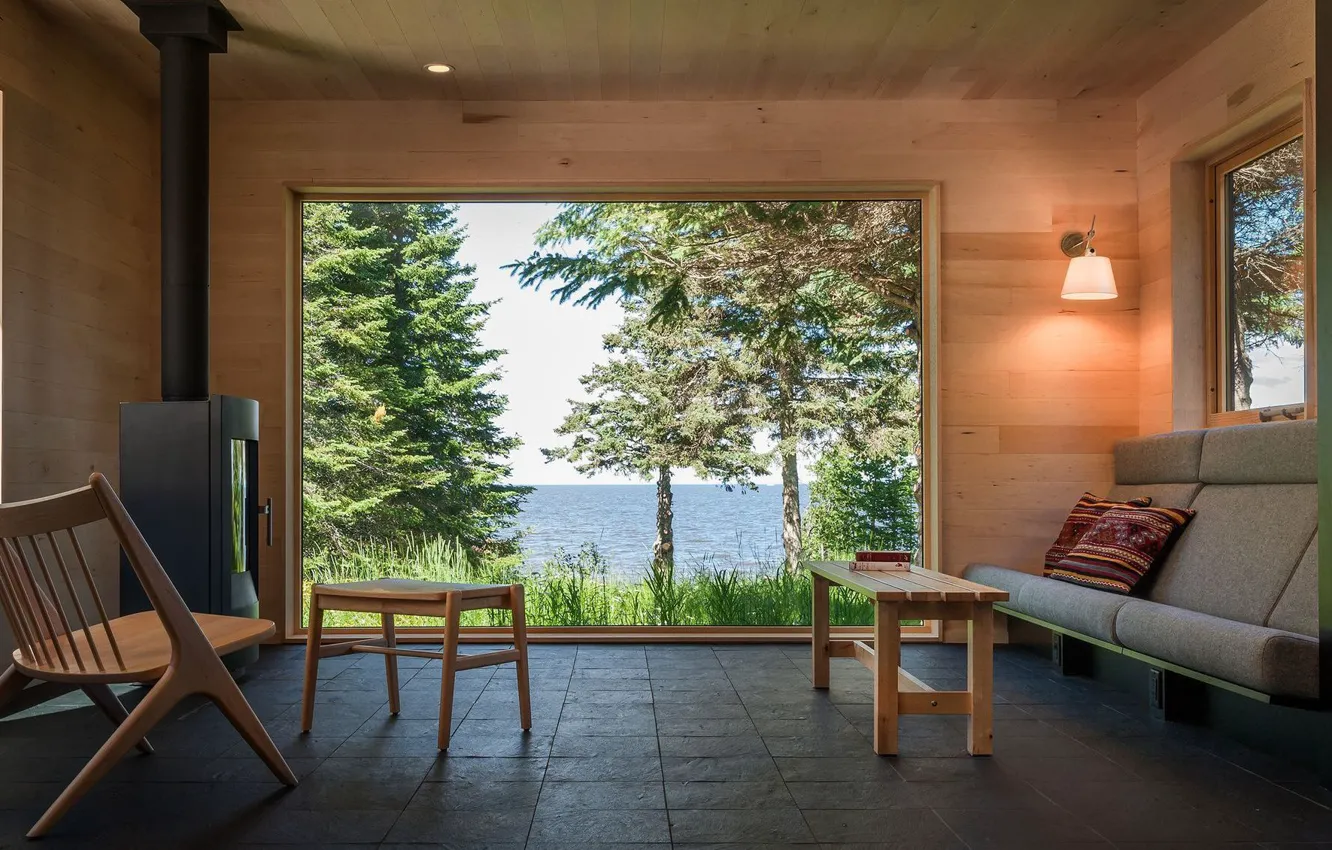 Photo wallpaper interior, fireplace, the lake house, small living room, A Single Man's Flat, by Salmela Architect
