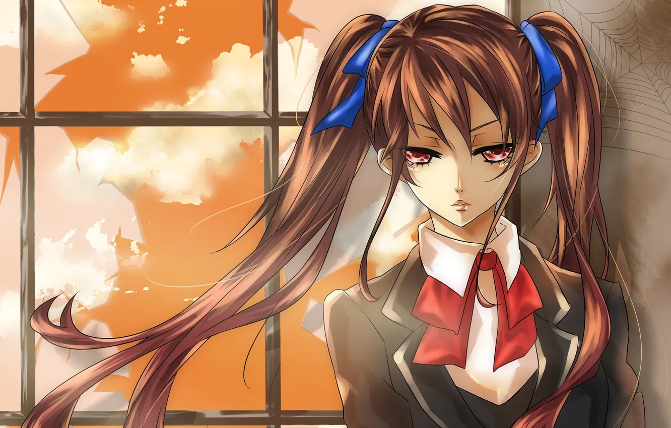 Photo wallpaper the sky, girl, clouds, window, tail, bow, school uniform, AnOther