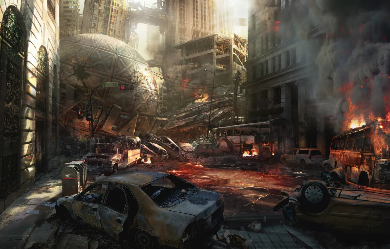 Photo wallpaper machine, the city, war, building, globe, pazhar, burned_city, Daily Planet