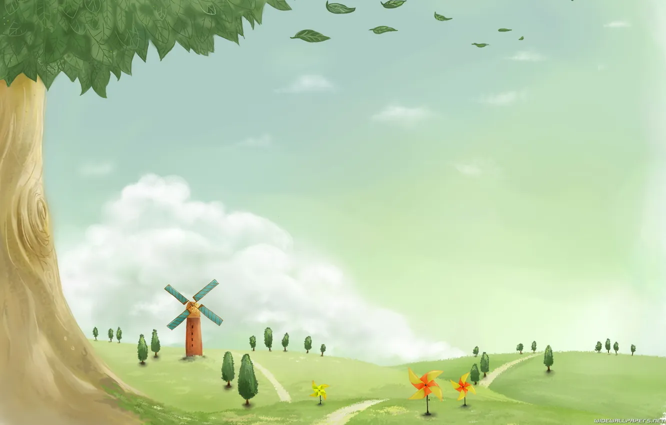 Photo wallpaper trees, glade, mill