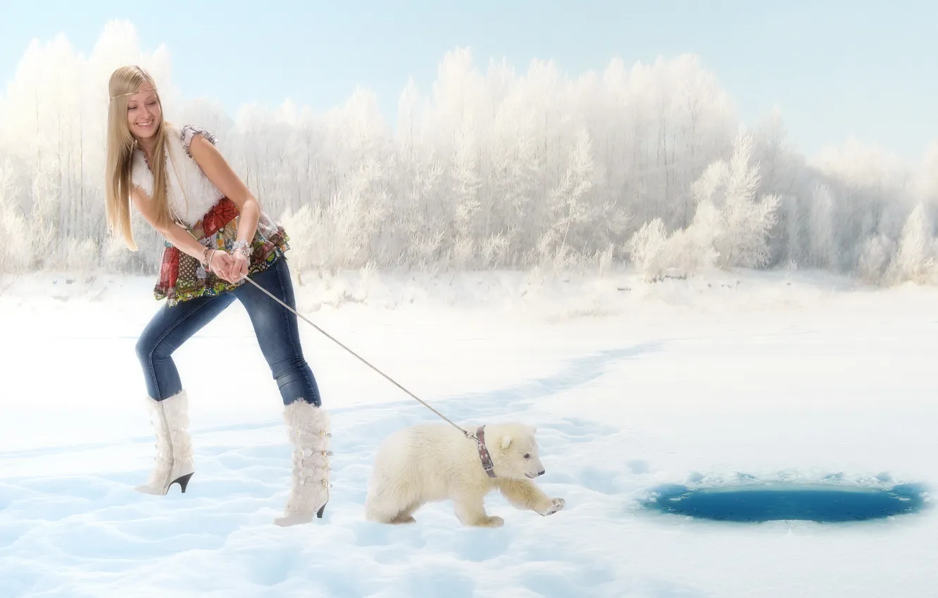 Photo wallpaper eyes, girl, pose, hair, bear