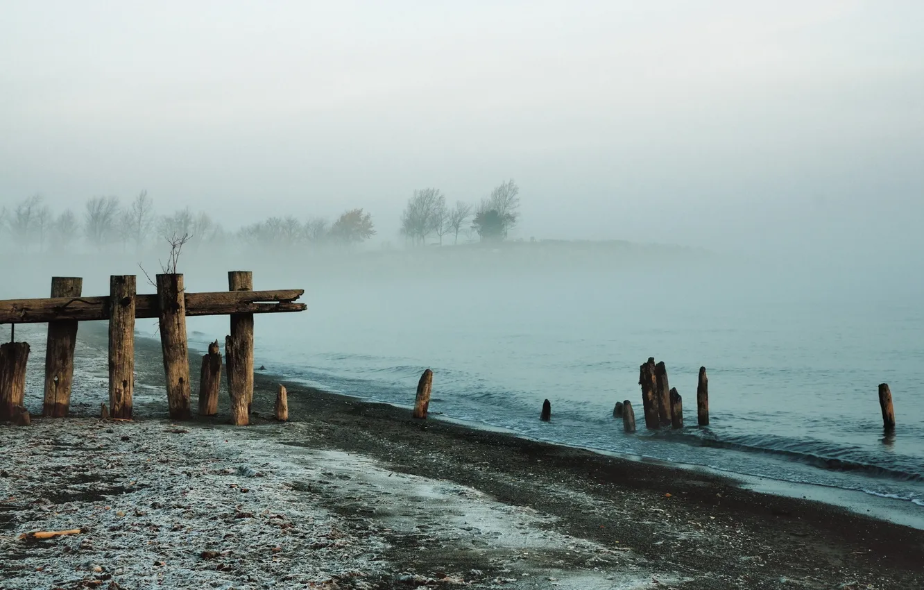 Photo wallpaper landscape, fog, lake