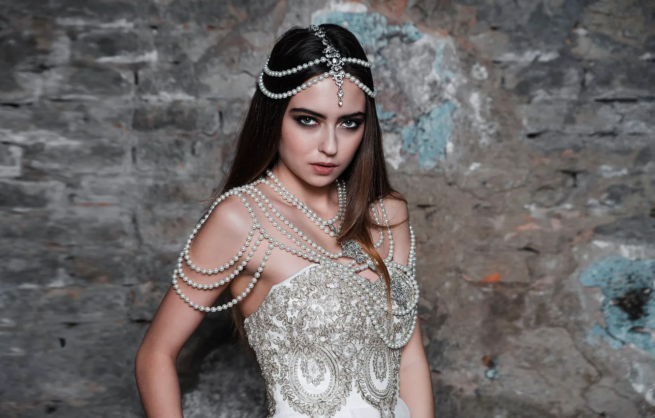 Photo wallpaper decoration, wall, portrait, makeup, dress, brunette, hairstyle, outfit